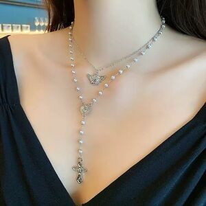 Anthropologie Silver-Tone Layered Rosary Necklace with Cross and Angel